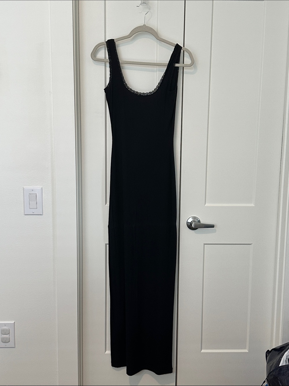 Skims Classic Black Scoop Neck Maxi Dress with lace trim. Very soft